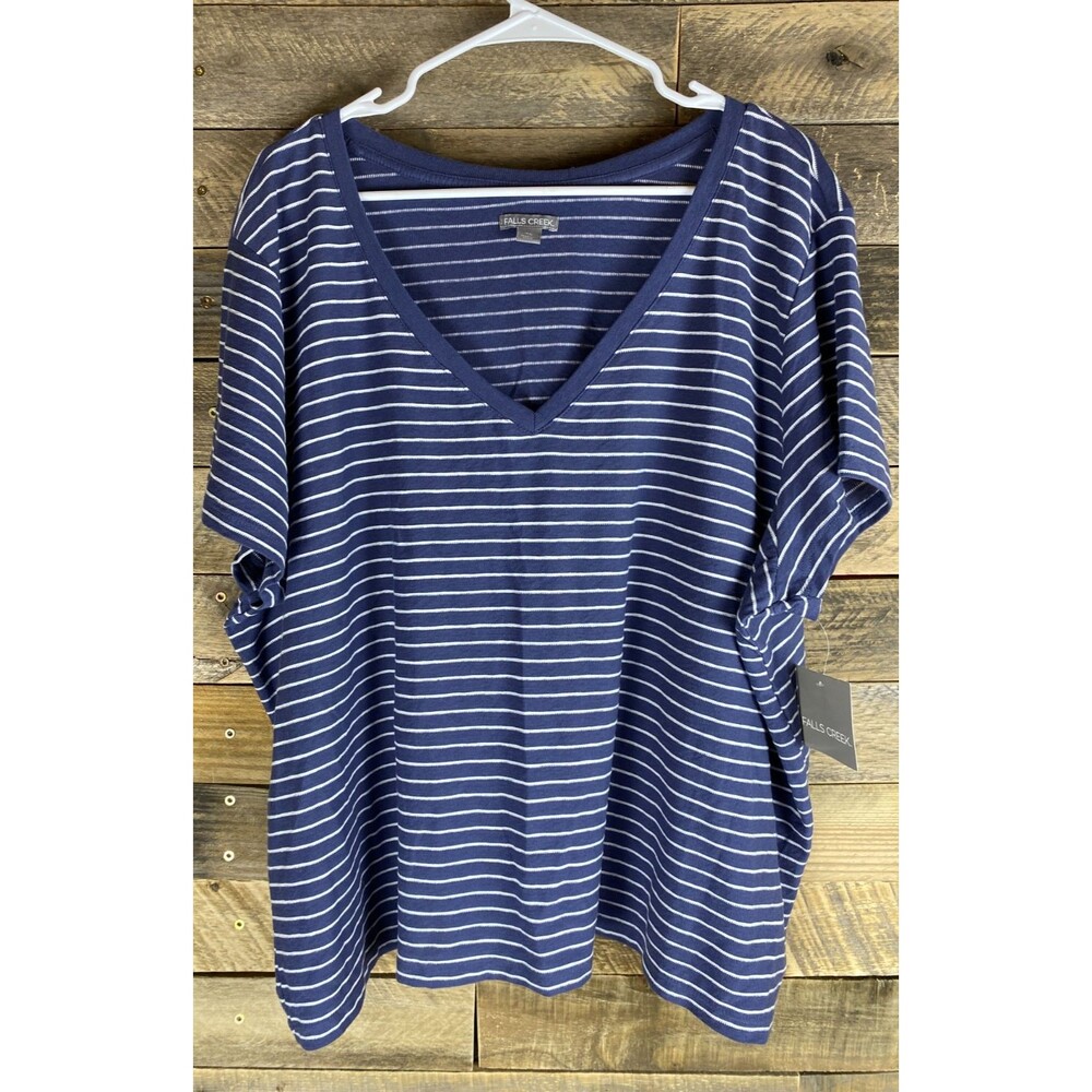 Falls Creek Women's Sz XL Blue & White Striped V-Neck Stretchy Top New
